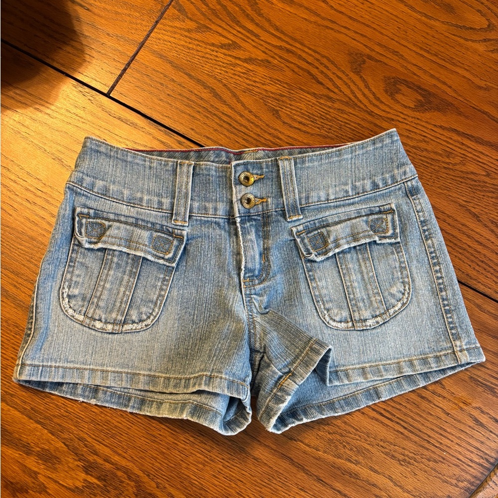 VTG Y2K GLO low rise denim shortie shorts pockets juniors size 5